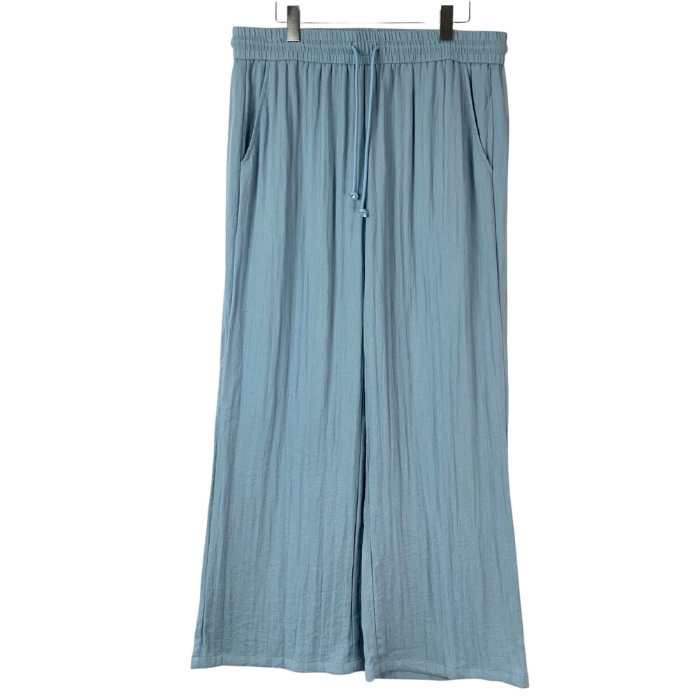 Halara Light Blue Wide Leg Pants XL Drawstring Elastic Waist Crinkle Pockets